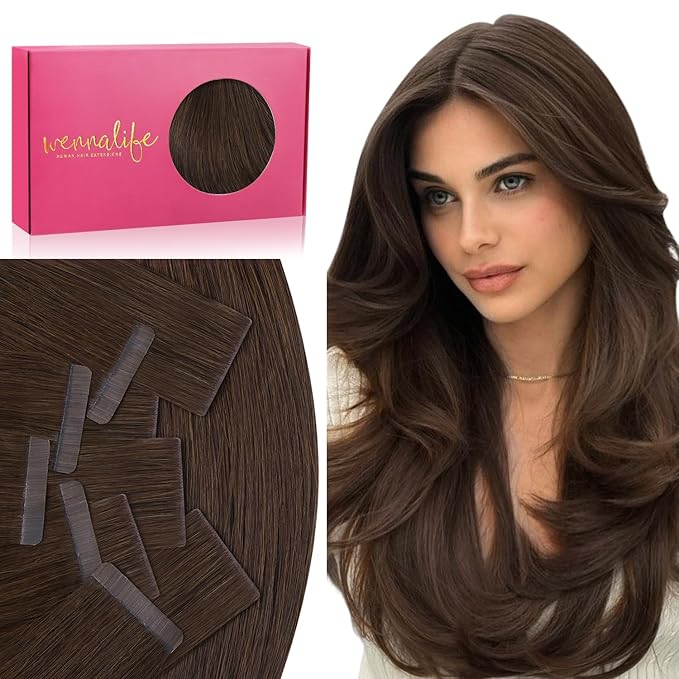 WENNALIFE Invisi Edge & Classic Tape in Hair Extensions Human Hair, 24 Inch 100g 40pcs(20pcs Invisi Edge & 20pcs Classic) Chocolate Brown Invisible Luxury Remy Hair Natural Seamless Injected Tape Ins