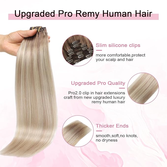 Pro2.0 Remy Real Human Hair Extensions Clip ins 120g Thick 7pcs #8/60/18 Ash Brown to Ash Blonde Mix Platinum Remy Clip in Hair Extensions Real Human Hair 16inch Double Weft（#8/60/18-16inch）