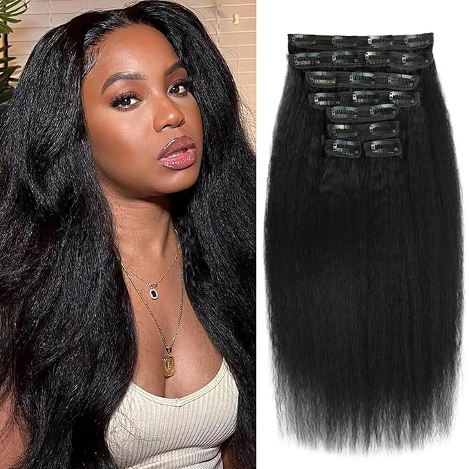 Kinky Straight Clip in Hair Extensions 20 Inch Human Hair Yaki Straight Clip ins Seamless Remy Human Hair Clip in Extensions for Women Natural Black 8Pcs 100g 20 Clips