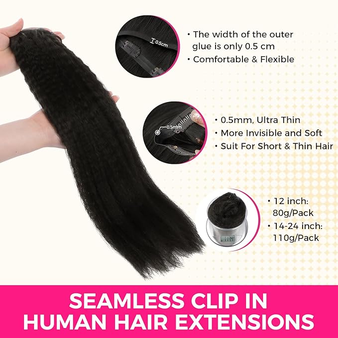Lashey Hair Extensions Clip in Hair Extensions 100% Real Human Hair Kinky Straight Invisi Edge Seamless Clip in Extensions 110g Natural Black 16 Inch Human Hair for Black Women