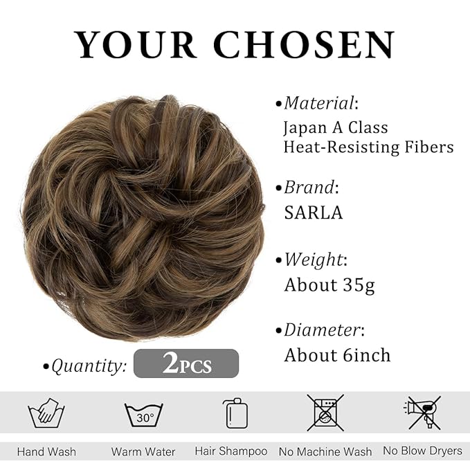 SARLA 2PCS Messy Hair Bun Hair Pieces Wavy Curly Synthetic Updo Fake Scrunchies Ponytail Extension for Women Coffee Brown