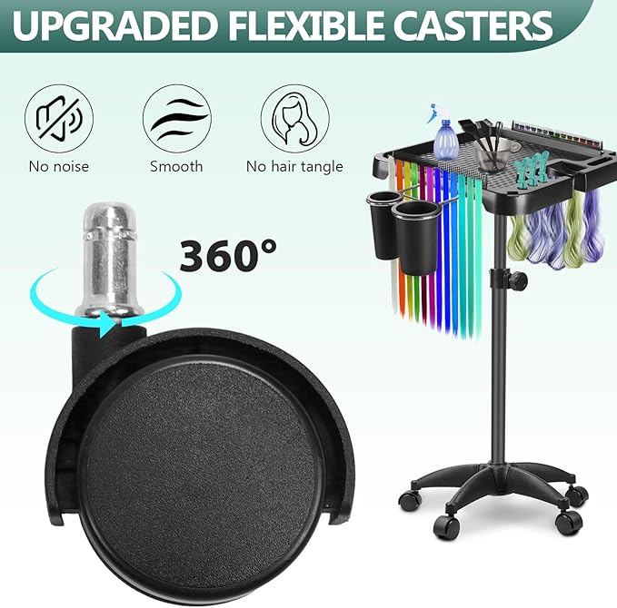 Professional Salon Rolling Tray Cart, Height Adjustable Storage Platform with Hair Tool Holders, Mobile Hairdressing Trolley with Wheels, Black