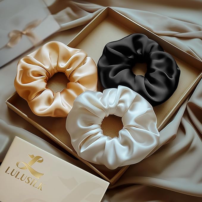 LULUSILK Silk Scrunchies for Hair Sleep, 100% Real Mulberry Silk, No Damage Hair Ties for Women and Girls, Black White and Gold, Pack of 3