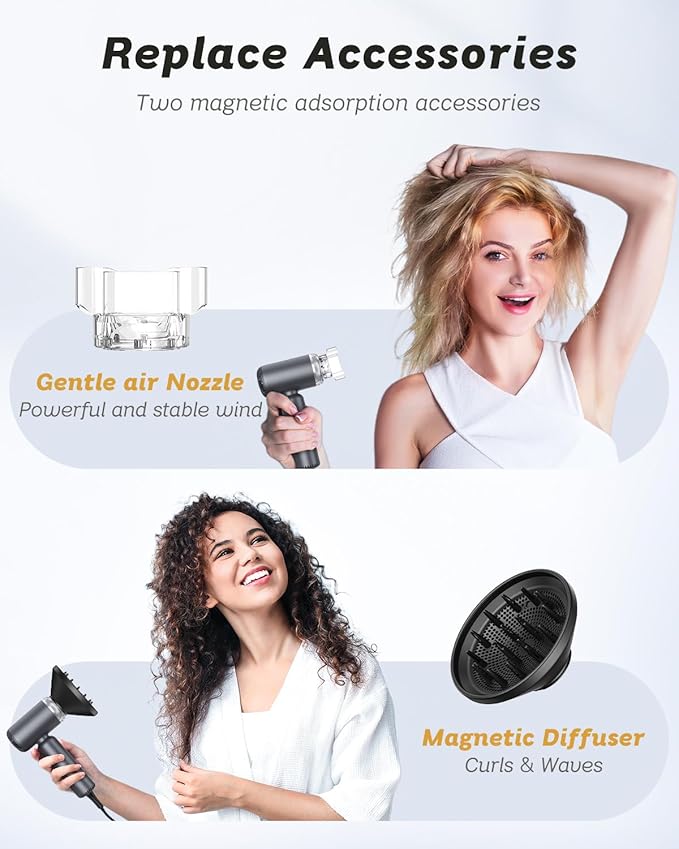 Dual Voltage Hair Dryer, High-Speed Ionic Blow Dryer for Fast Drying, Travel Compact Hair Blow Dryer with Magnetic Curly Diffuser for Home, Portable Hairdryer International 110-240V