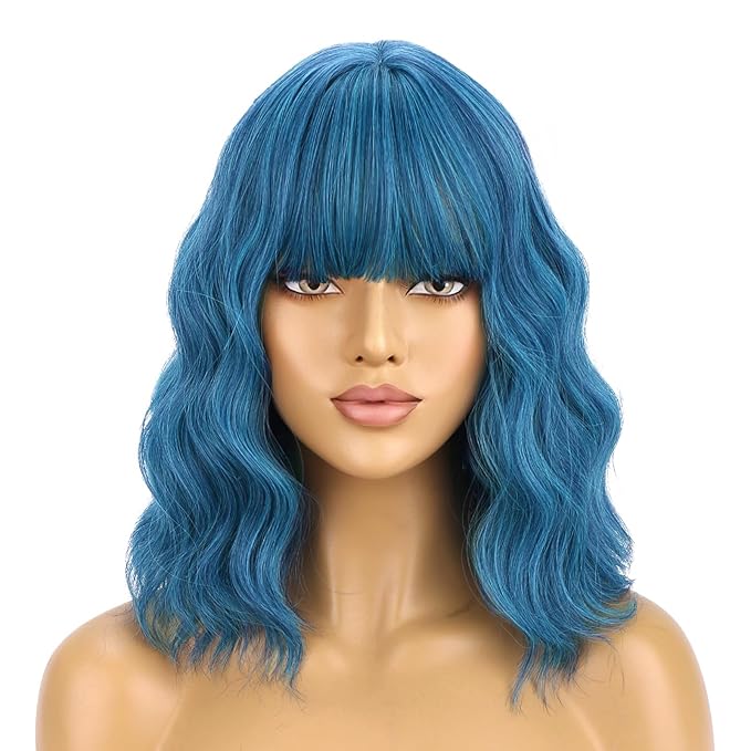 BERON Blue Wig Short Curly Wig for Women Mix Blue Wigs with Bangs Synthetic Dark Blue Wigs with Hairnet Include