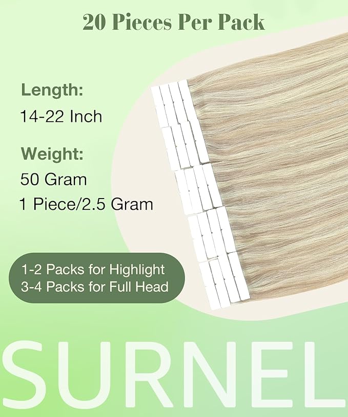 SURNEL Tape in Hair Extensions 22 inch Ash Blonde Highlight Bleach Blonde Tape in Human Hair Extensions 20pcs 50g(#18P613-22)