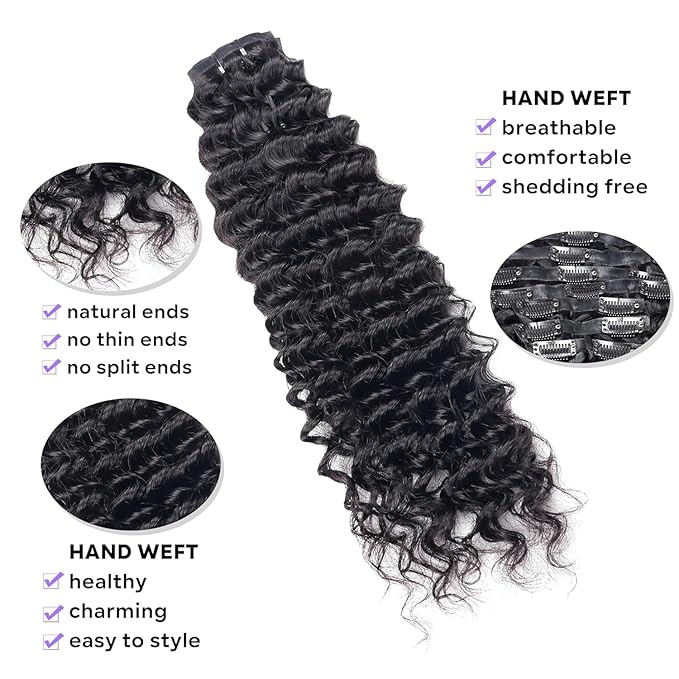 Seamless Clip in Hair Extensions Human Hair Deep Wave Clip ins for Black Women 8Pcs Brazilian Virgin Human Hair Clip in Extensions PU Skin Weft 18Clips 120g 18inch Natural Black