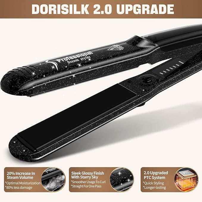 DORISILK 2.0 Upgraded Steam Straighteners for Hair, Professional Salon Ceramic Tourmaline Vapor Steam Flat Iron Hair Straightener and Curler 2 in 1 Straightening Curling Iron, Dual Voltage LED Temp