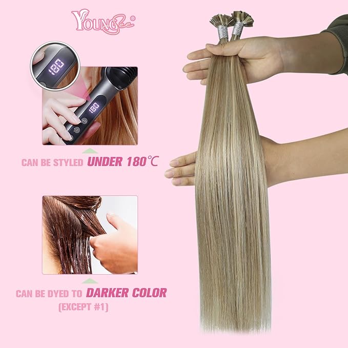 YoungSee K Tip Hair Extensions Light Brown K Tips Human Hair Extensions Highlight Light Brown With Blonde Keratin Hair Extensions U Tip Highlight 16in Hot Fusion Remy Hair Extensions for Women 50s/50g