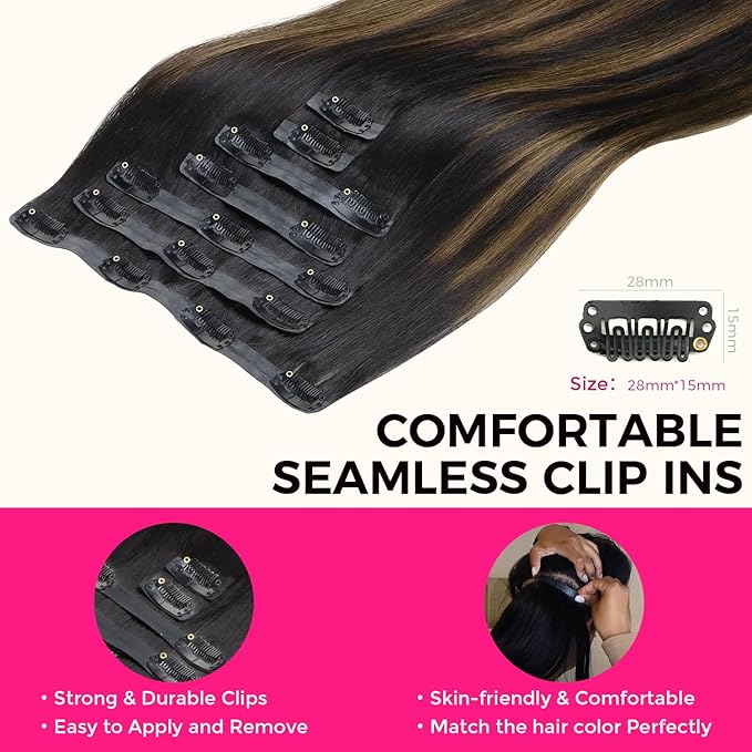Lashey Seamless Clip in Hair Extensions Natural Black Mixed Chestnut Brown Real Human Hair 7pcs 110g 22 Inch Light Yaki Clip in Real Hair Extensions with Invisi Edge Soft Hair for Black Women
