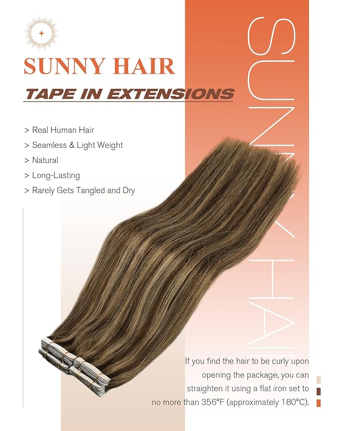 Sunny Hair Tape in Hair Extensions Real Human Hair Invisible Remy Hair Extensions Tape ins for Women Dark Brown Highlight Caramel Blonde 14 inch 20Pcs 50G