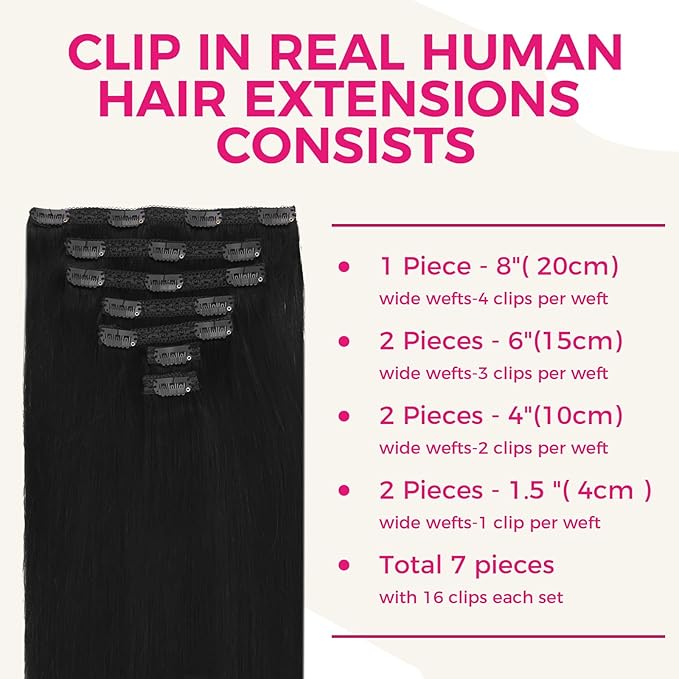 Lashey Clip in Hair Extensions Human Hair, 7pcs 120g #1 Jet Black Hair, Long Straight Hair Extensions Real Human Hair Clip Ins 24 Inch Remy Hair Extension Clip in for Women