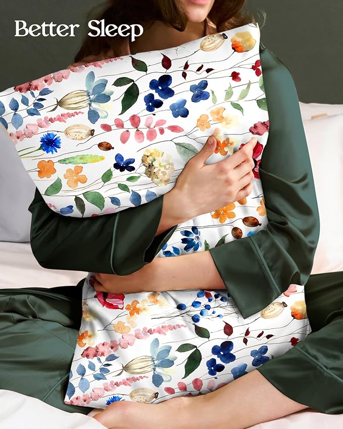 2 Pack Mulberry Silk Pillowcase for Hair and Skin - Standard Size 20 x 26 Inches with Hidden Zipper Watercolor Flower 19 Momme Soft Sleeping Silk Pillow Case for Women, Moms
