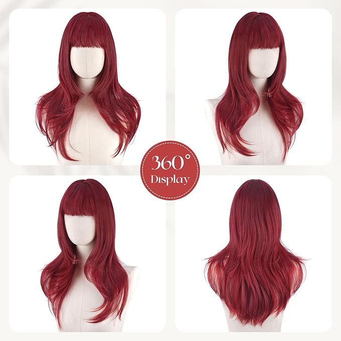 SOFEIYAN Long Straight Layered Wine Red Wig with Bangs 24 Inch Synthetic Natural Hair Burgundy Wig Soft Heat Resistant Long Wigs for Women Daily Party Use