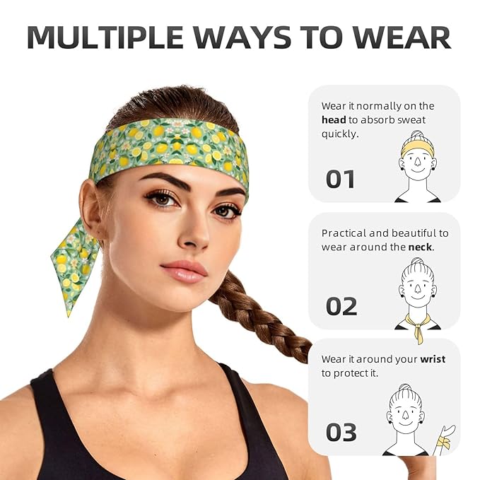 Men's Women Lovely Sports Sweat Band Hair Decor for Sports Workout Spa, Long Boho Style Lemon Tree Leaves Tropical Flowers Floral Head Ribbon Headwear