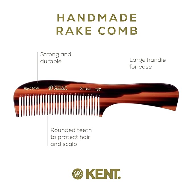 Kent 10T Tortoise Large Detangler Comb, Handmade Wide Tooth Comb for Curly Thick Hair, Detangling Combs For Wet and Dry Hair, Saw-Cut and Hand Polished Made in England