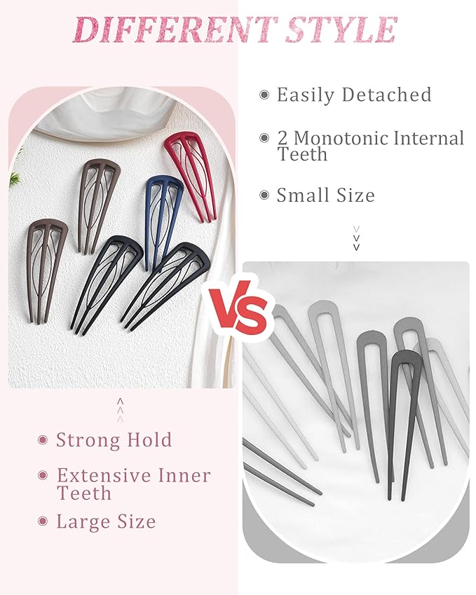 6 PCS French Hair Pins for Women, U-Shaped Hair Forks Stick for Bun Updo Chignons & French Twists, Strong Hold 3 Internal Teeth Hair Chopsticks Styling Accessories