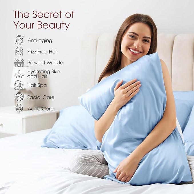 100% Silk Pillow Cases 2 Pack Queen Size Mulberry Silk Pillowcase for Hair and Skin Set of 2 Highest Grade 6A Silk Soft Breathable Cooling with Hidden Zipper, Sky Blue
