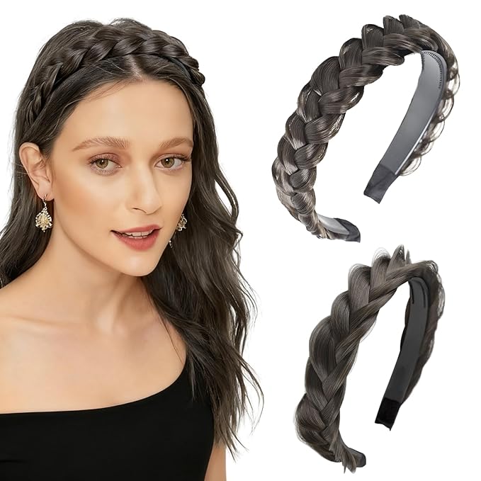 2PC Braided Headband with Tooth – Wide Faux Hair Braid Wig Hairband, Messy Fishbone & Geflochten Haarband Shape – for Women Fashion Accessories for Oktoberfest, Wedding, Parties, Comb Fit(Black Brown)