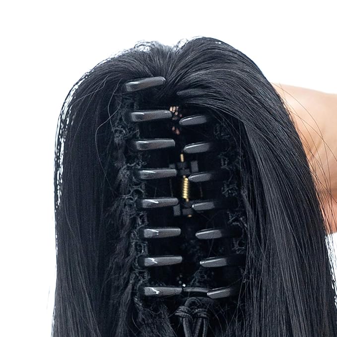 SWACC 28-Inch Long Straight Claw Clip Ponytail Extensions Synthetic Hair Extensions Ponytail Jaw Clip Hair Pieces for Women (1B-Off Black)