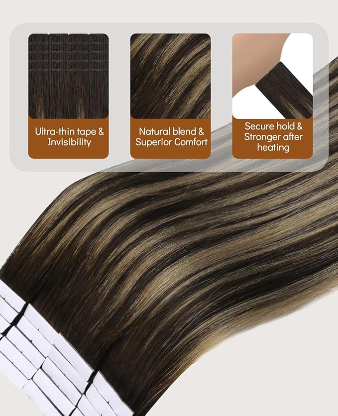 VINBAO Invisi Edge Tape in Extensions Human Hair, 14in 40g 20pcs Balayage Dark Brown Mixed Chestnut Brown Invisible Luxury Injected Tape in Hair Extensions 14inch #2/6/2