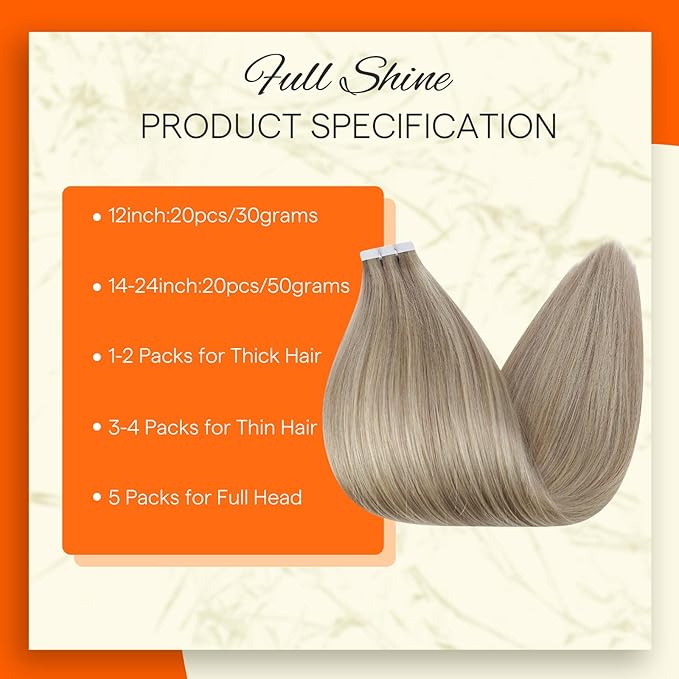 Full Shine Tape in Hair Extensions Human Hair Color 18 Ash Blonde Highlight 613 Blonde Invisible 22Inch Seamless Tape in Extensions Double Sided Remy Human Hair 50Gram Glue in 20 Pcs for Short Natural