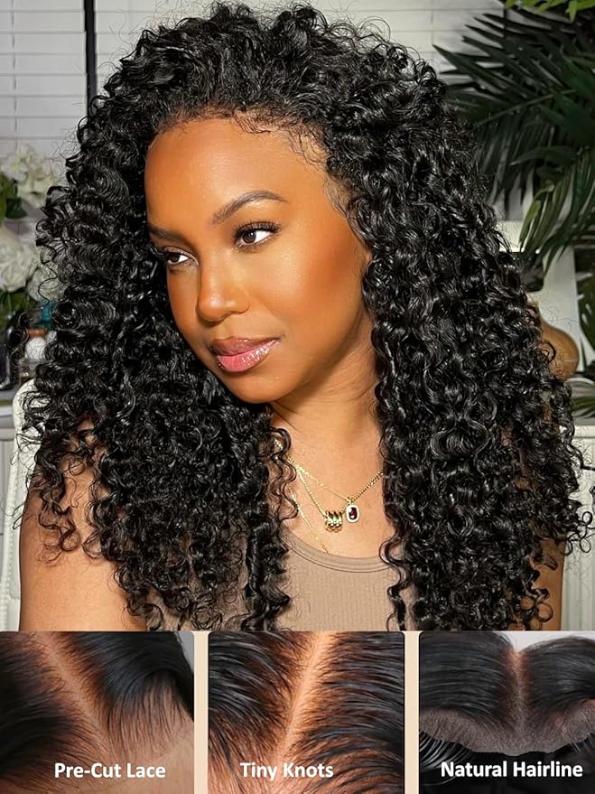 Julia Hair Bye Bye Knots Glueless Wig Curly Pre Cut Lace Front Wigs Human Hair for Women 12A Upgrade 7x5 Lace Closure Wig Pre Plucked with Pre Bleached Knots Put on and Go Natural Color 20 Inch
