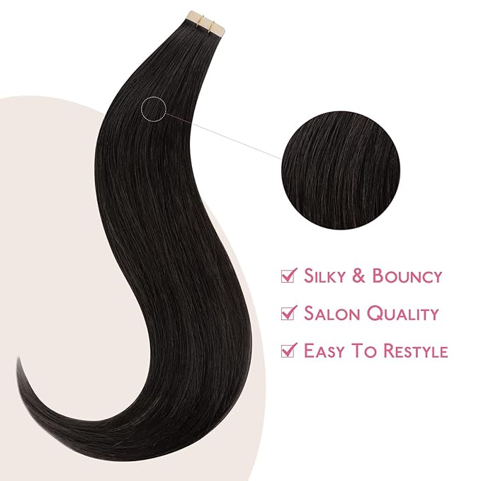 WENNALIFE Tape in Hair Extensions Human Hair Natural Black Tape in Extensions, 10pcs 25g 16 inch Remy Invisible Tape Ins Straight Colored Soft Real Human Hair Tape in Extensions Refill Set Extensions