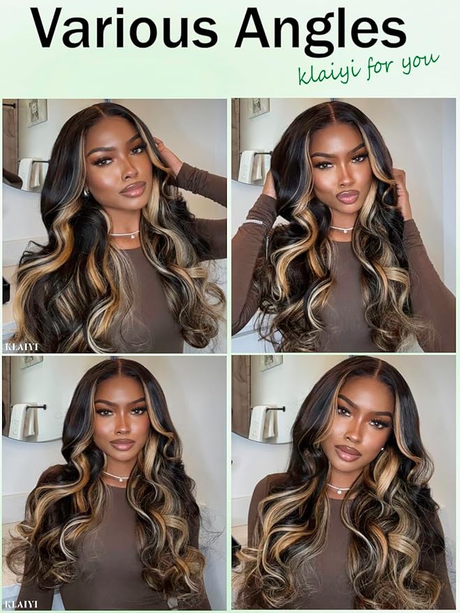 KLAIYI Ombre Highlight Blonde Loose Body Wave Bye Bye Knots Glueless Wigs Human Hair 7x5 Precut Lace Front Pre Plucked Bleached Ready to Wear Go Wig with Face Framing Curtain Bang Caramel Brown 22Inch