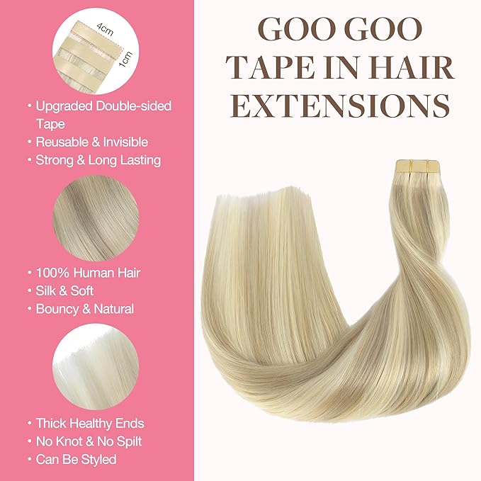 GOO GOO Tape in Hair Extensions Human Hair, 17A/60A Ash Blonde Highlighted Platinum Blonde, 22inch 100g 40pcs, Skin Weft Seamless Invisible, Silky Straight with Thick Ends, Remy Human Hair