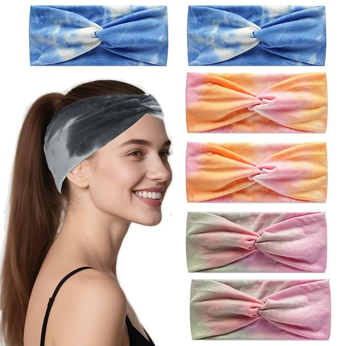 6 Pcs Wide Headbands for Women, Boho Tie Dye Headbands, Soft Fashion Headbands, Hair Bands for Daily Workout Yoga, Z-AC
