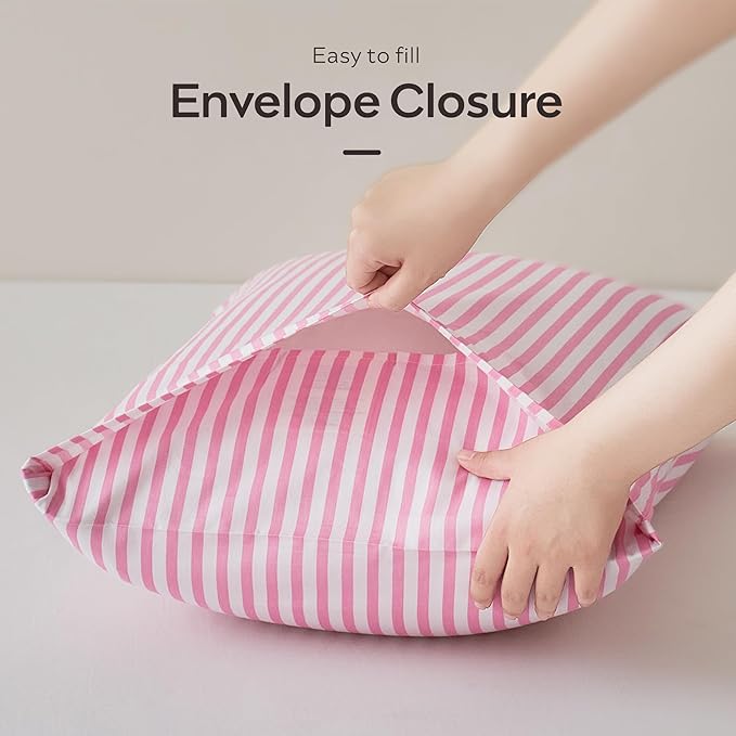 JELLYMONI 100% Natural Cotton Striped King Pillowcases Set, 2 Pack Pink Striped Pattern Printed Pillow Covers with Envelope Closure(Pillows are not Included)