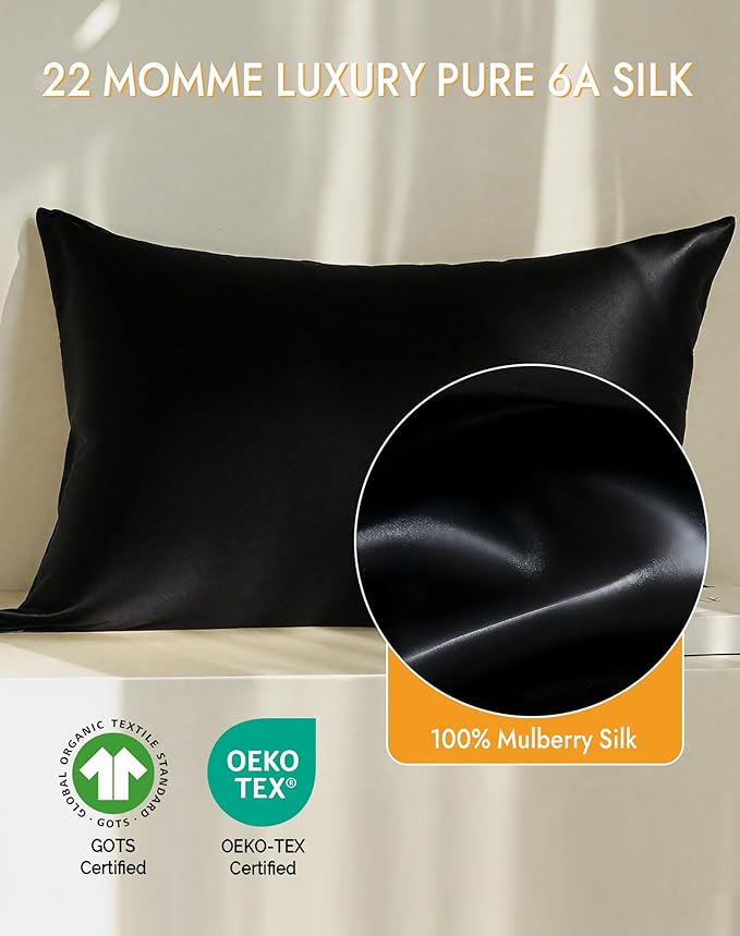 SilkSilky 100% Mulberry Silk Pillowcase - Pure 22 Momme High-Grade 6A Fibers for Hair & Skin, Envelope Closure, Natural, Organic, Breathable & Cooling Pillow Case (Standard, Black)