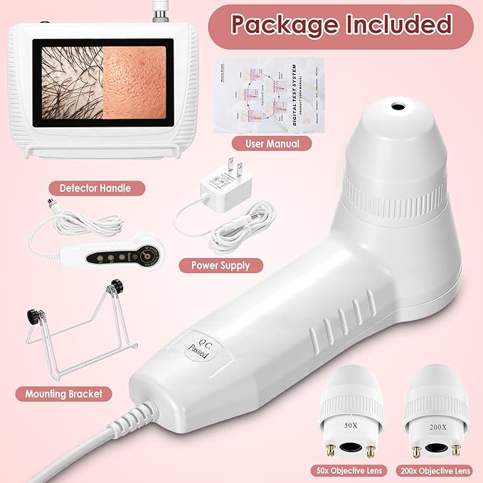 Skin Hair Analyzer, 5 Inch LCD Digital Scalp Detector with 50X/200X Lens, Rechargeable Hair Follicle Scanner for Skin Analysis, Home Salon Use, Portable Dermatoscope Tool