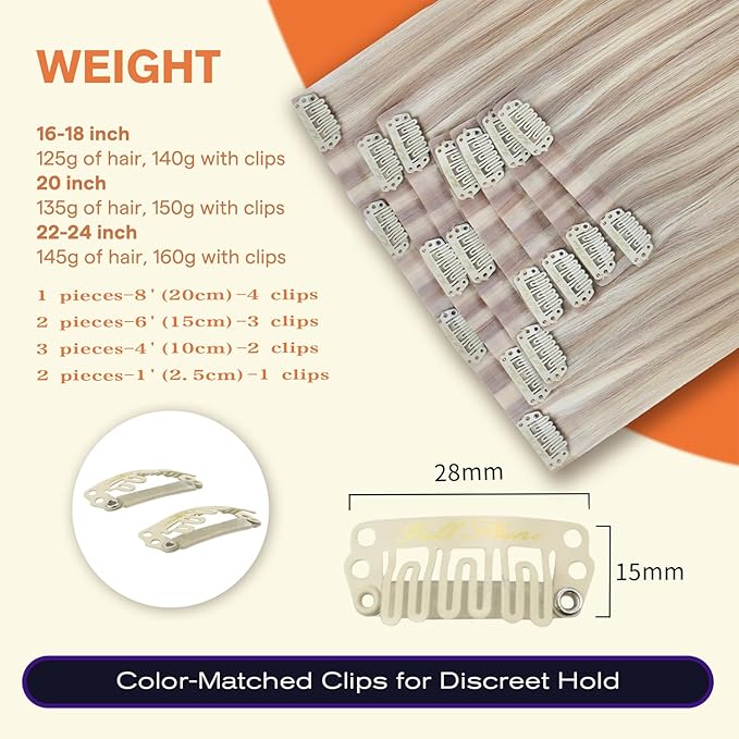 Full Shine Clip in Hair Extensions 16 inch 140g 8Pcs Seamless Clip in Hair Extensions Human Hair Ash Blonde Mix Platinum Blonde Remy Hair Clip ins