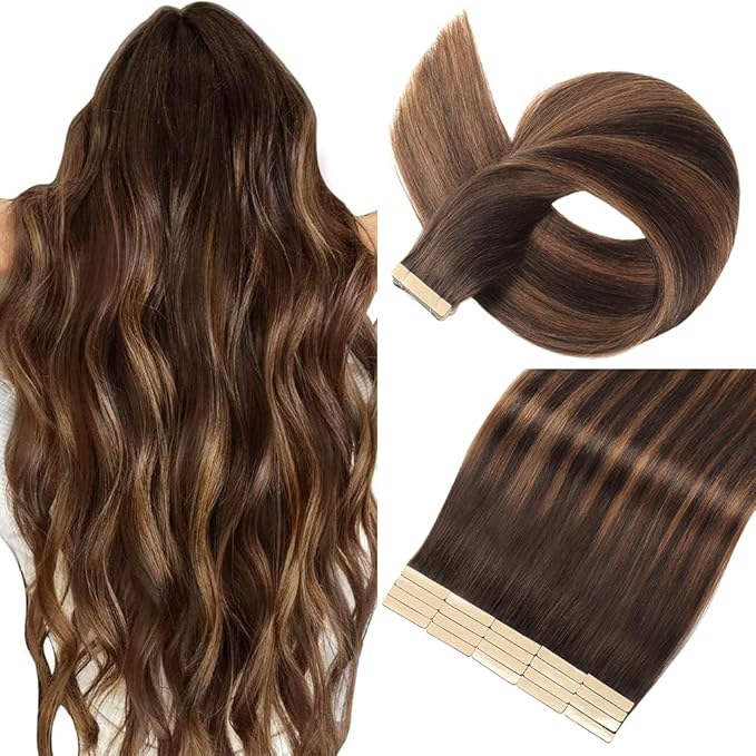 Tape in Hair Extensions Human Hair 16 Inch 20pcs Invisible Tape ins Hair Extensions Real Human Hair Dark Brown to Mixed Chestnut Brown Remy Seamless Injected