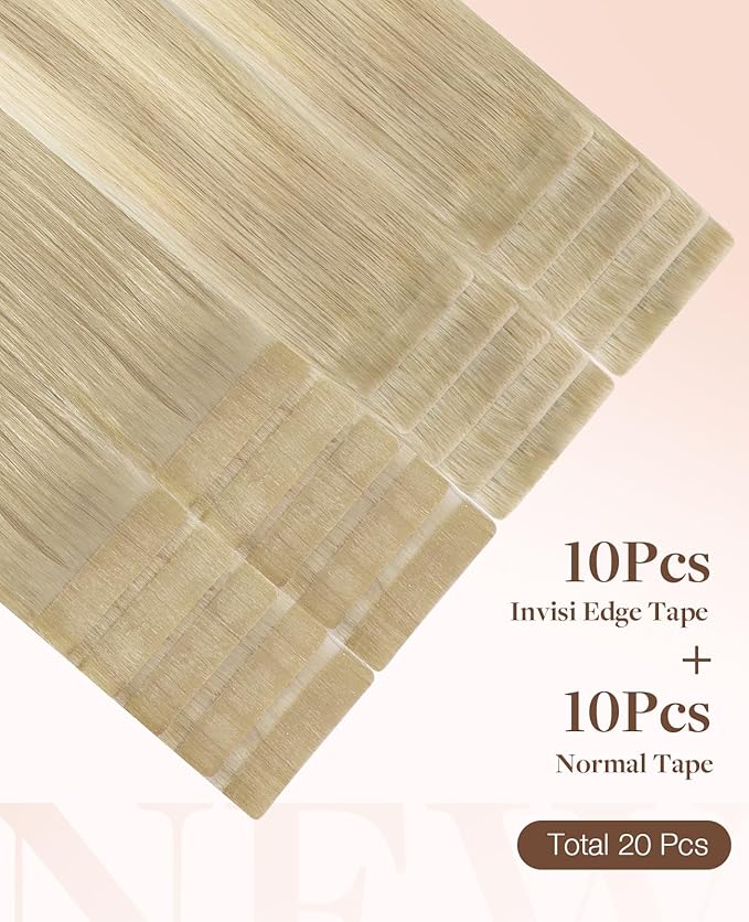GOO GOO Invisi Edge Tape in Hair Extensions Human Hair, 18ET90A Natural Blonde Balayage10pcs injected with 10pcs classical tape ins, 16inch 50g, Virgin Remy Hair, Natural Look