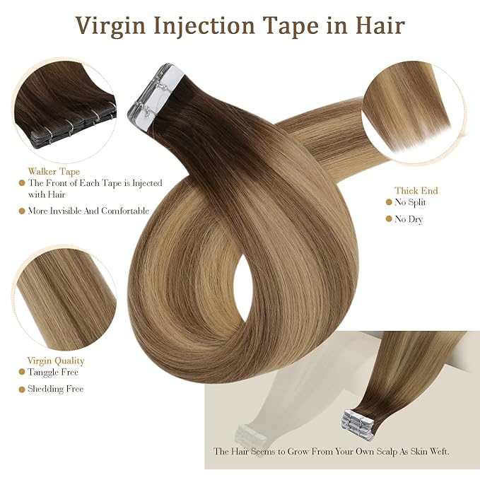 Full Shine Virgin Tape in Hair Extensions Injection Tape ins Extensions Color 3/8/22 Balayage Tape ins Human Hair 20Inch Seamless Invisible Hair Extensions 12.5Gram Straight Real Human Hair 5Pcs
