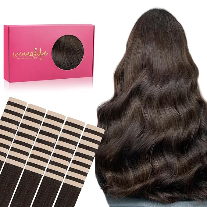 Wennalife Tape-in Hair Extensions, 40pcs 120g 26 inch Light Dark Brown Real Human Hair Straight Tape-in Extensions