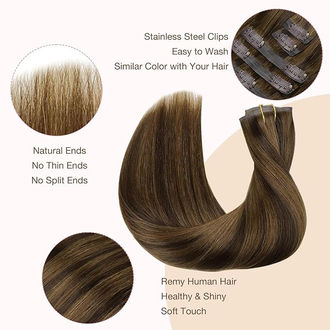 GOO GOO Clip in Hair Extensions Real Human Hair, Remy Human Hair Extensions Clip ins for Women, Natural Human Hair, 22 Inch 160g 7Pcs, 2C/4E/6C Brown Sugar Swirl Highlights