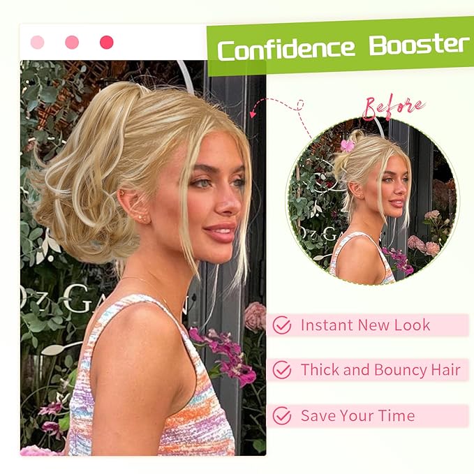 KooKaStyle Ponytail Extension, 10" Short Claw Clip in Pony Tails Hair Extensions Curly Wavy Synthetic Drawstring Hairpieces for Women Honey Blonde with Ash Blonde Highlights