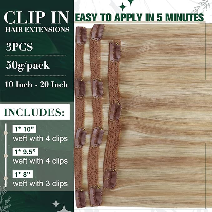RUNATURE Clip in Hair Extensions Real Human Hair, Hair Extensions Clip ins Blonde, Straight Short Human Hair, Natural Looking, 10 Inch 50g 3pcs #18P60 Ash Blonde Highlights