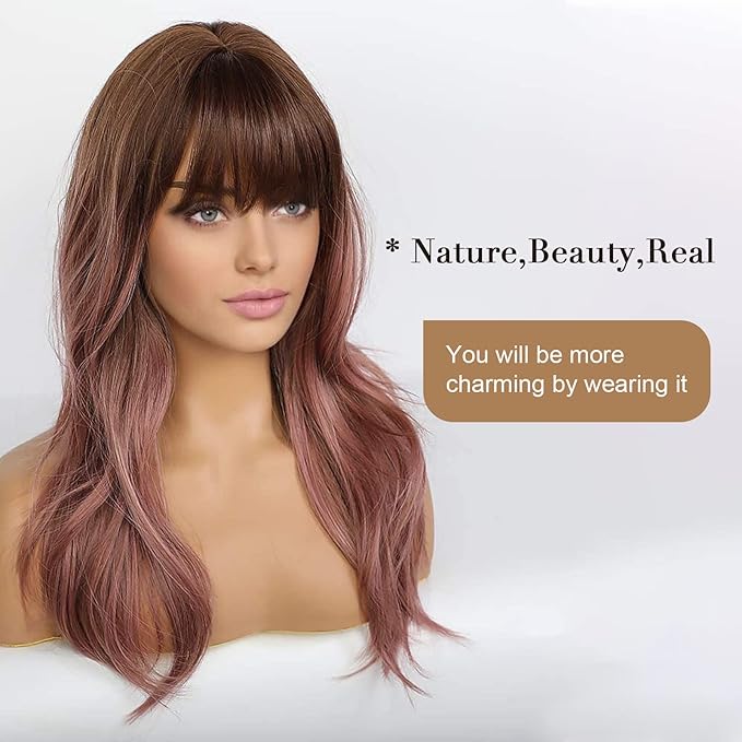 EMMOR Long Wavy Wigs with Bangs for Women, 20 Inch Natural Curly Hair With Air Bang Synthetic Ombre Wigs, Party Cosplay Daily Use