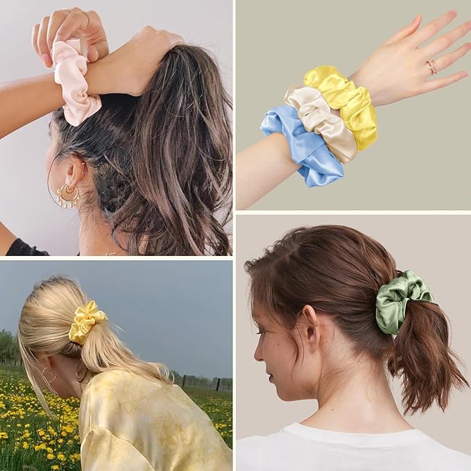 LILYSILK Silk Hair Scrunchies Ties for Frizz & Breakage Prevention 100% Mulberry Elastic Ponytail Holder 5PC (gravel gold+pale pink +ice blue+pale green+LILYAUREA)