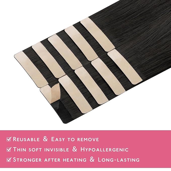 WENNALIFE Tape in Hair Extensions Human Hair Natural Black Tape in Extensions, 10pcs 30g 20 inch Remy Invisible Tape Ins Straight Colored Soft Real Human Hair Tape in Extensions Refill Set Extensions