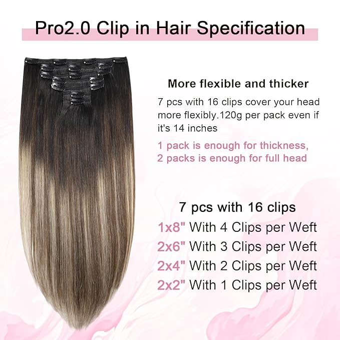 Pro2.0 Clip in Hair Extensions Real Human Hair 20inch 7pcs #1b/4/27 Natural Black to Chocolate Brown and Caramel Blonde Remy Real Human Hair Extensions Clip ins 120g Thick（#1b/4/27-20inch）