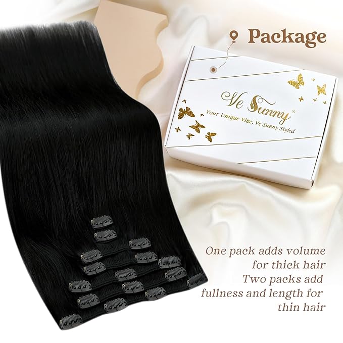 Ve Sunny Human Hair Clip in Extensions Black Clip in Hair Extensions Clip in Extensions Real Human Hair 24inch Long Straight Hair Like Your Own Hair 7pcs 120g