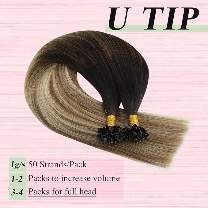 YoungSee U Tip Hair Extensions Brown Balayage Utip Hair Extensions Human Hair Brown Ombre Blonde Utip Human Hair Extension 16In U-Tips Hair Extension Soft Keratin Human Hair 50s/50g for Adding Volume