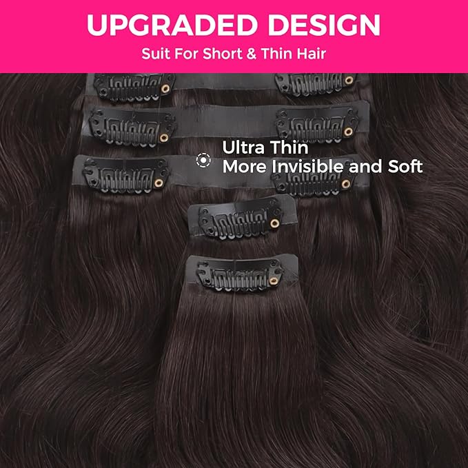 Lashey Seamless Clip in Hair Extensions Human Hair 130g 9pcs 14 Inch Body Wave #2 Dark Brown Clip in Hair Extensions for Women PU Weft Human Hair Clip ins Extensions