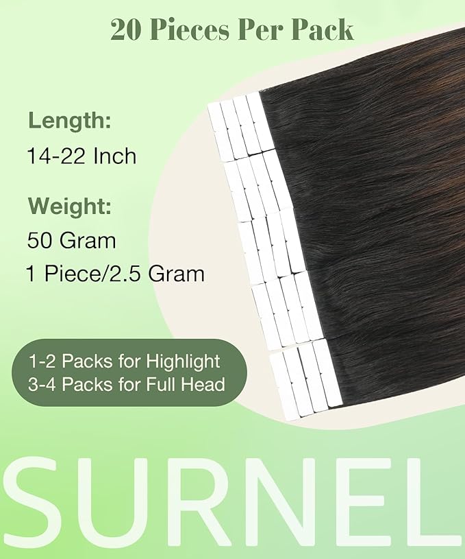 SURNEL Tape in Hair Extensions Ombre Color 1B Off Black Fading To 4 Middle Brown Remy Human Hair Tape in 20 inch 20pcs 50g(#1BT4-20)